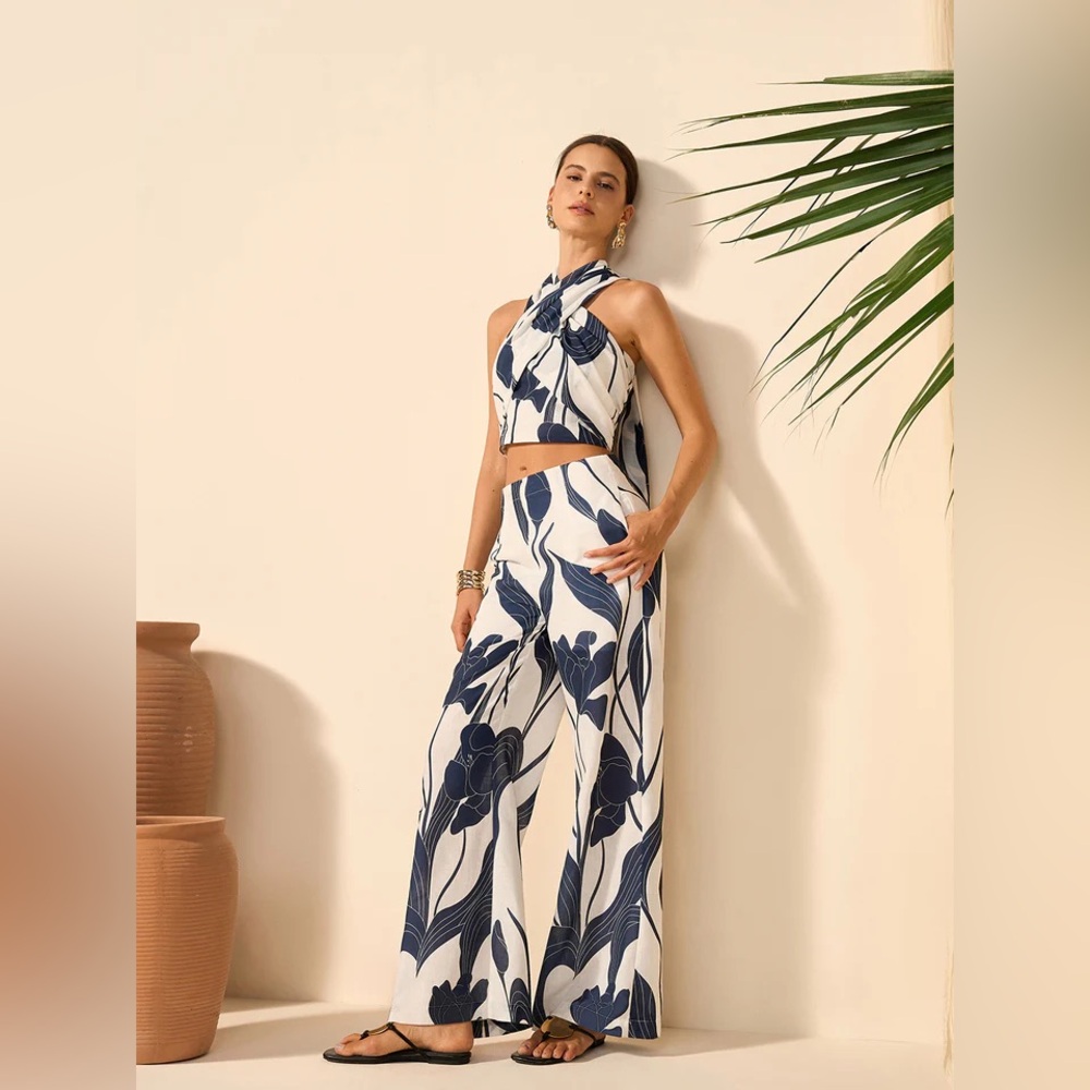 Floral Print Women's Halter Top and Relaxed Pant Set Resortwear Commense NWT